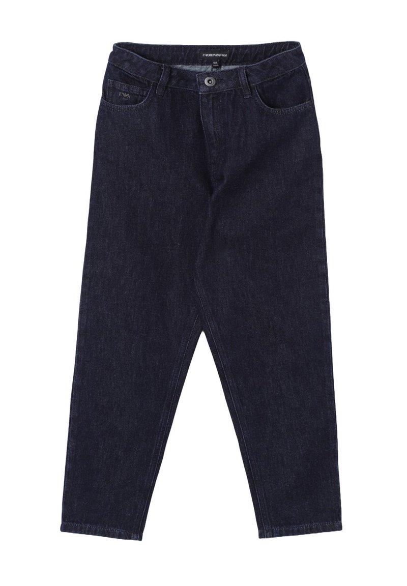 Jeans in denim scuro con un design a gamba dritta, dotati di cinque tasche, chiusura con bottone e passanti per cintura. Tessuto texture, dettagli minimi.