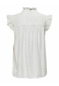 Blusa blanca de manga corta con cuello con volantes, tela texturizada y detalle de la parte trasera con pliegues. Presenta una forma suelta y fluida con un dobladillo redondeado.