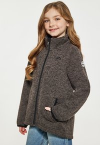 Tamsiai pilka flisinė striukė su aukštu apykakle, užtrauktuku ir šoninėmis kišenėmis. Yra logotipas dešiniajame rankovėje.