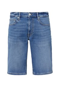 Shorts en denim bleu clair, avec un design classique comprenant cinq poches, une fermeture par bouton sur le devant, et des accents de couture visibles.