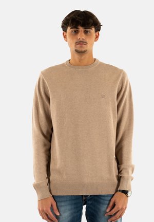 Beżowy sweter z okrągłym dekoltem, wykonany z miękkiego materiału, z długimi rękawami i ściągaczami. Subtelne logo na klatce piersiowej. Noszony z niebieskimi dżinsami.