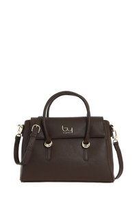 Borsa in finta pelle marrone con manici superiori, tracolla removibile, accessori in metallo dorato e un logo sulla parte anteriore.