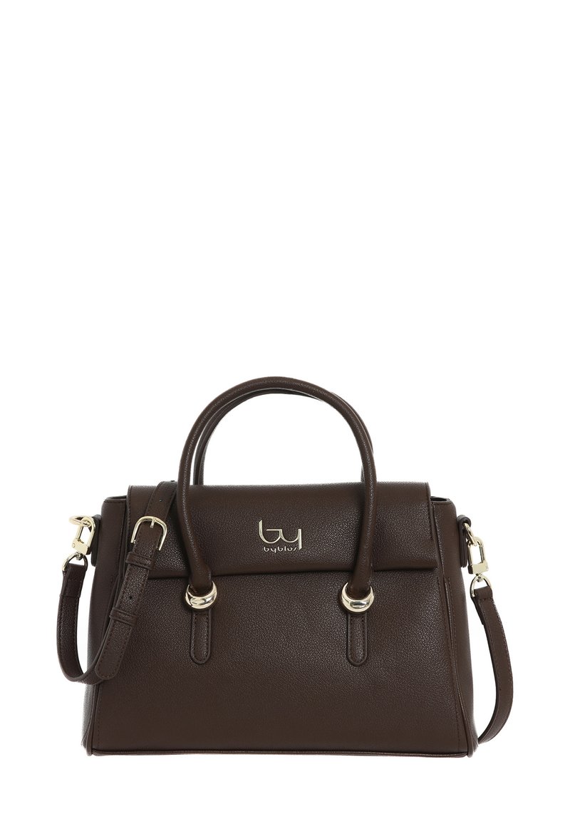 Borsa in finta pelle marrone con manici superiori, tracolla removibile, accessori in metallo dorato e un logo sulla parte anteriore.