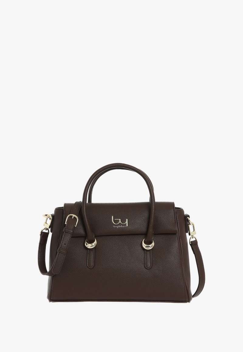 Borsa in finta pelle marrone con manici superiori, tracolla removibile, accessori in metallo dorato e un logo sulla parte anteriore.