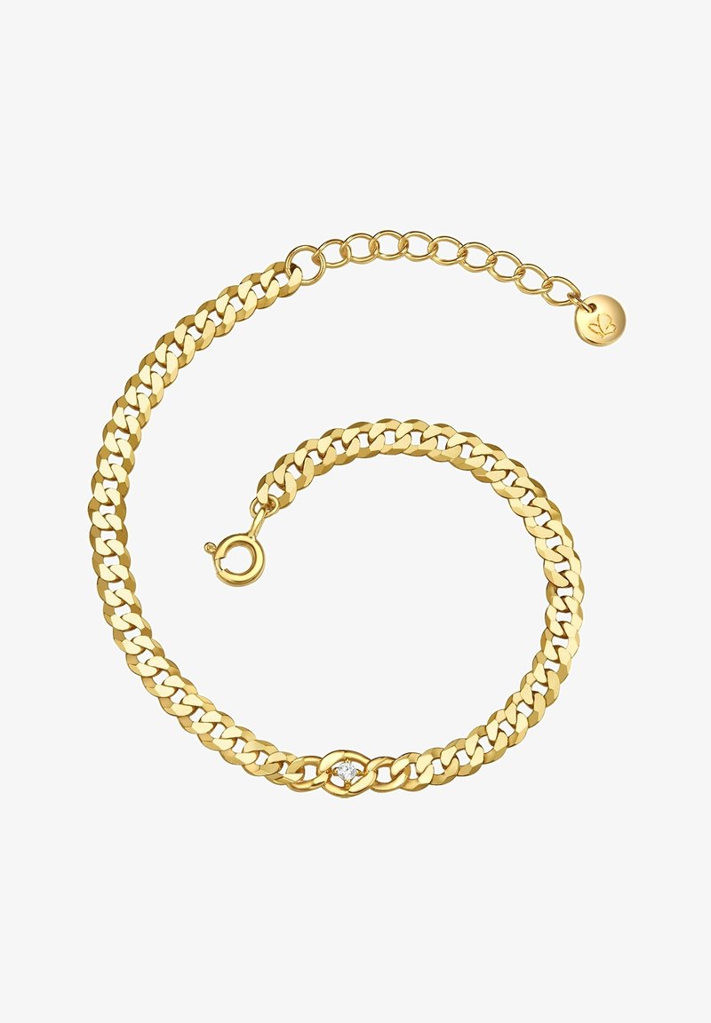 Bracciale in oro con maglie intrecciate, un piccolo accento di cristallo e un moschettone con una catena regolabile.