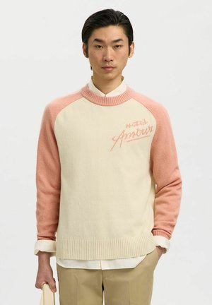 Ung mand stående, iført en creme- og lyserød crewneck-trøje med teksten "Hotel Amour", beige bukser og holder en cremefarvet mulepose.