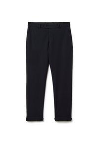 Pantaloni neri realizzati in tessuto morbido con frontale piatto, passanti per cintura, tasche laterali e orli arrotolati alle caviglie.