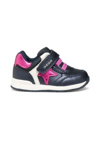 Sneaker in pelle blu navy con accenti rosa metallizzati e dettaglio a stella, dotata di cinturino in Velcro e suola testurizzata per una migliore aderenza.