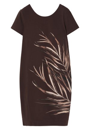 Smeđa pamučna haljina s kratkim rukavima, koja ima veliki bež i crni uzorak palminog lista sprijeda. Okrugli izrez i opušten kroj.