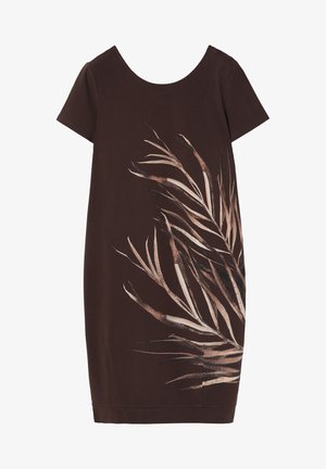 Pruun puuvillane kleit lühikeste varrukatega, mille esiküljel on suur beežist ja mustast palmilehest print. Ümmargune kaelus ja lõdvestunud sobivus.