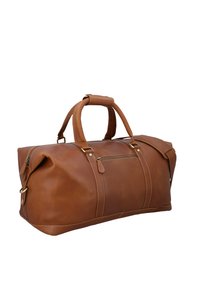 Brown leather duffel bag with dual handles, zippered pocket, and decorative stitching. Smooth texture, rounded shape, and gold-tone hardware.