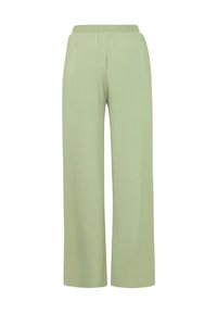 Pantaloni a gamba larga verde chiaro realizzati in materiale morbido ed elasticizzato. Presentano una vita elasticizzata e una finitura liscia e strutturata.