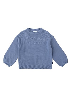 Suéter de punto azul claro con cuello redondo, mangas largas y bordado floral en el pecho; puños y dobladillo acanalados.