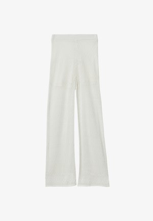 Weiße weite Hosen aus strukturiertem Stoff mit einem Diamantenmuster, hohem Bund und lockerer, fließender Passform.