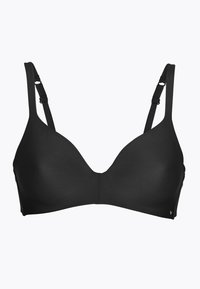 Reggiseno wireless nero con tessuto liscio, design a scollo profondo, spalline regolabili e accessori minimalisti. Presenta coppe senza cuciture per il massimo comfort.