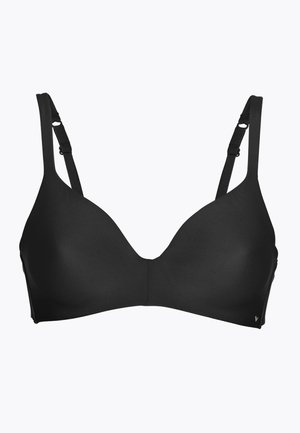 Reggiseno wireless nero con tessuto liscio, design a scollo profondo, spalline regolabili e accessori minimalisti. Presenta coppe senza cuciture per il massimo comfort.