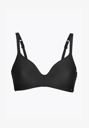 Reggiseno wireless nero con tessuto liscio, design a scollo profondo, spalline regolabili e accessori minimalisti. Presenta coppe senza cuciture per il massimo comfort.