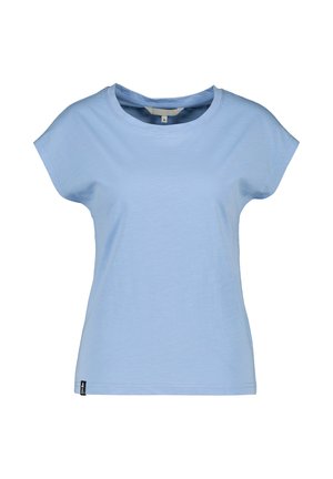 Hellblaues Damen-T-Shirt mit kurzen Ärmeln und Rundhalsausschnitt, mit einem kleinen schwarzen Etikett nahe dem Saum, auf weißem Hintergrund.