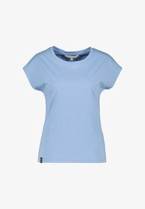 Light blue short-sleeve crew neck women's t-shirt with a small black tag near the hem on a white background.