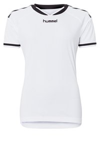 Camisa deportiva corta de manga blanca con acentos negros, que incluye un escote redondo y detalles en franjas. Fabricada con material ligero y transpirable.