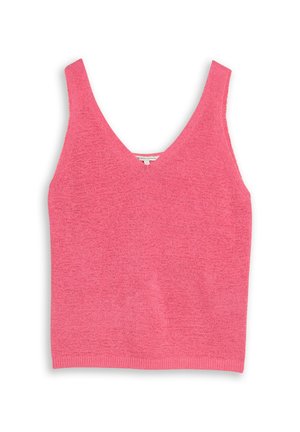 Débardeur rose en maille sans manches avec un col en V profond et un ourlet côtelé, posé à plat sur fond blanc.