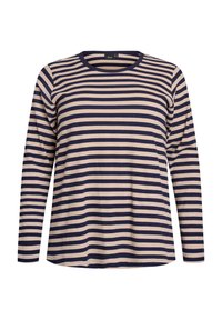 T-shirt à manches longues rayé avec des bandes horizontales crème et marine, col rond, texture côtelée et coupe décontractée.