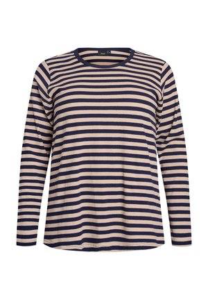 T-shirt à manches longues rayé avec des bandes horizontales crème et marine, col rond, texture côtelée et coupe décontractée.