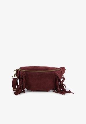 Burgundy suede fanny pack with a zippered closure, fringe detailing on the sides, and a gold-tone hardware accent. Durable and lightweight.