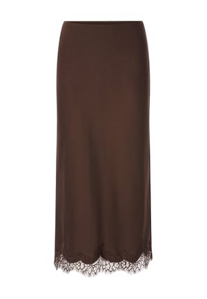 Jupe marron mi-longue en tissu lisse avec des détails en dentelle élaborée à l'ourlet. Design simple et droit sans ornements supplémentaires.