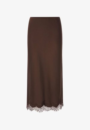 Jupe marron mi-longue en tissu lisse avec des détails en dentelle élaborée à l'ourlet. Design simple et droit sans ornements supplémentaires.