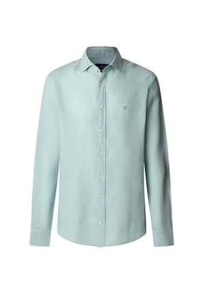 Light blue linen shirt with a button-down collar, long sleeves, and a small embroidered logo on the chest. Features yellow buttons.