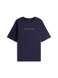 Tumši zils īsām piedurknēm T-krekls, izgatavots no kokvilnas. Ar centrālo logo, kurā redzams "TOMMY" un "HILFIGER" baltā un sarkanā krāsā. Apaļš kakla izgriezums, brīvs piegriezums.