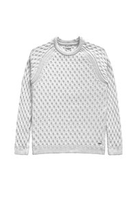 Witte gebreide trui met een gestructureerd patroon, met een ronde hals en geribde cuffs en zoom. De stijl heeft raglanmouwen en subtiele branding.