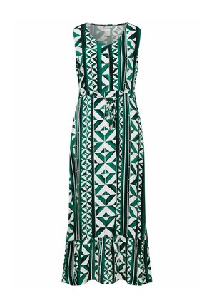 Lang, mouwloos jurkje met een groen-wit geometrisch patroon en verticale strepen, afgewerkt met een rimpelige zoom. Met een trekkoord in de taille.