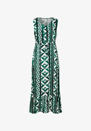 Lang, mouwloos jurkje met een groen-wit geometrisch patroon en verticale strepen, afgewerkt met een rimpelige zoom. Met een trekkoord in de taille.
