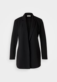Blazer negro ajustado hecho de una tela suave, con cuello en punta y mangas largas, de corte relajado y diseño de frente abierto.