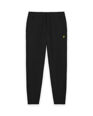Pantalons de jogging noirs à taille élastique avec cordon de serrage, poches latérales, poignets élastiques et un petit logo aigle jaune sur la cuisse droite.