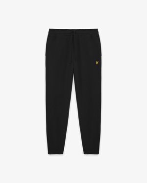 Pantalons de jogging noirs à taille élastique avec cordon de serrage, poches latérales, poignets élastiques et un petit logo aigle jaune sur la cuisse droite.