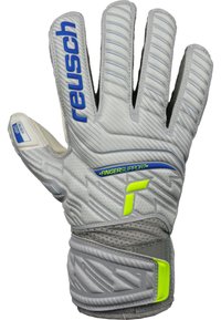 Gants de gardien Reusch en matériau latex gris, avec une surface texturée, des accents bleus et une technologie de soutien des doigts. Sangle de poignet ajustable.