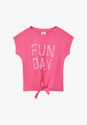 Helles pinkes ärmelloses Mädchenoberteil mit dem Text "FUN DAY" in weißen strukturierten Buchstaben und einer Knoten-Detail vorne.