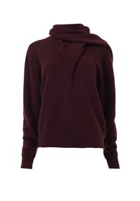 Bordeaux pullover met een gedrapeerde kraag, lange mouwen en een aangesloten onderrand, gemaakt van zachte, textuurgebreide stof.