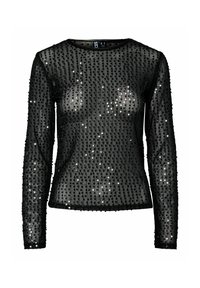 Svart långärmad topp i transparent tyg, prydd med silverpaljetter arrangerade i vertikala mönster. Rund halsringning och figurnära design.