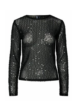 Sort langærmet top lavet af gennemsigtigt stof, udsmykket med sølvfarvede paletter arrangeret i vertikale mønstre. Rund halsudskæring og tætsiddende design.