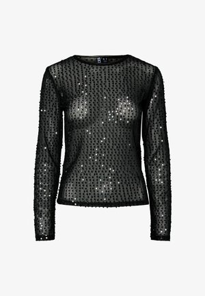 Czarny top z długim rękawem wykonany z przezroczystego materiału, ozdobiony srebrnymi cekinami ułożonymi w pionowe wzory. Okrągły dekolt i dopasowany krój.