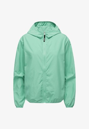 Lightweight, mint green jacket with a zippered front and a hood. Features elastic cuffs and a smooth finish. Suitable for casual wear.