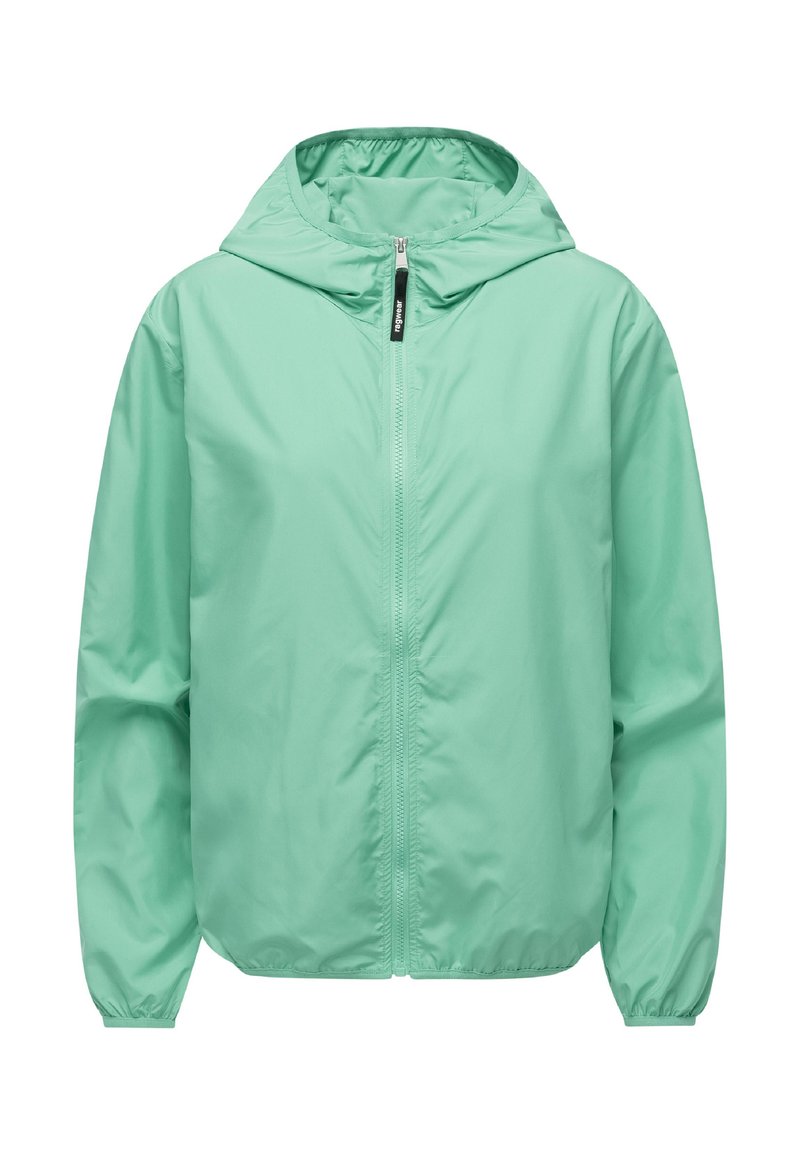 Lightweight, mint green jacket with a zippered front and a hood. Features elastic cuffs and a smooth finish. Suitable for casual wear.