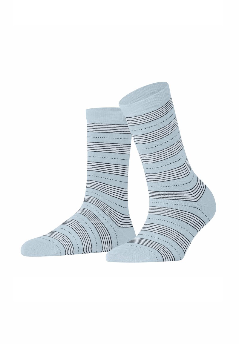 Light blue socks featuring horizontal black and white stripes, a ribbed cuff, and smooth texture. Standard crew length design.