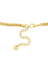 Bracelet en métal doré, composé de maillons entrelacés, avec un fermoir mousqueton sécurisé et une petite étiquette gravée "S-Steel".