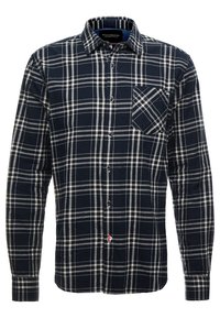 Camicia a quadri blu navy con bottone, realizzata in tessuto morbido, con una tasca sul petto con un motivo diagonale e chiusura con bottone davanti.