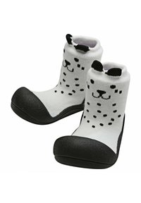 Calcetines infantiles en blanco y negro con un diseño de cara de animal de dibujos animados, que presentan una textura de tela suave y una suela negra de goma para mayor agarre.